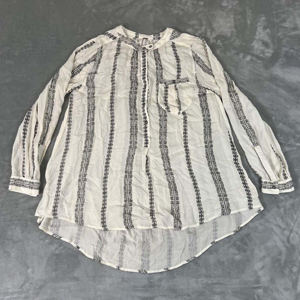 Free People Blouse Womens Small White Striped Henley Tunic Long Sleeve Boho